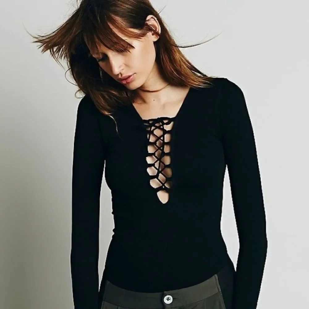 Free People Black Lace Up Top